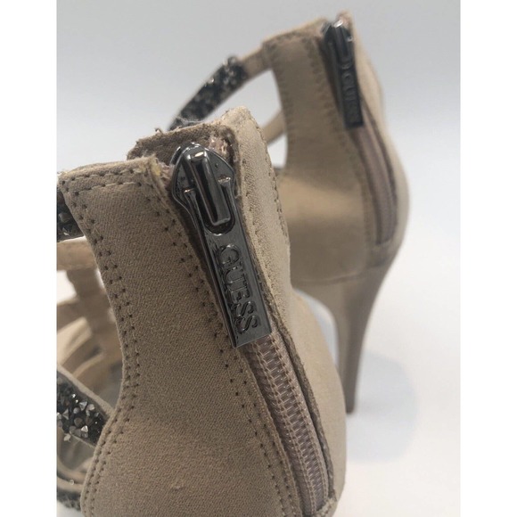 GUESS WGHALSTON Beige Sand‎ Metallic GRAY Rhinestone Heel Strappy Sandal Evening - Picture 6 of 11